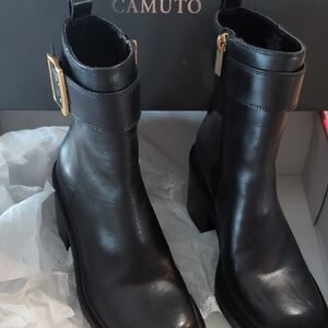 Vince Camuto Black Ankle Booties with Gold Buckle
